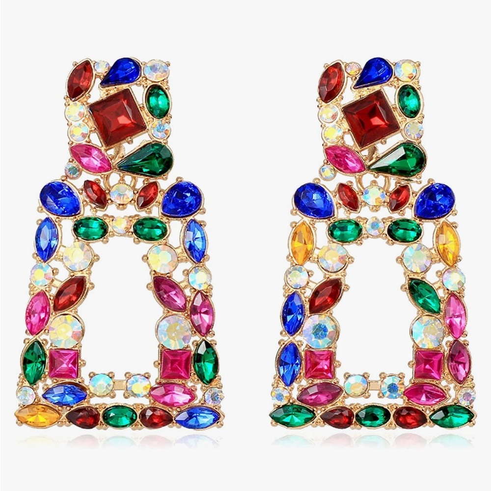 NWT Rhinestone Rectangle Dangle Statement Earrings - Picture 2 of 9